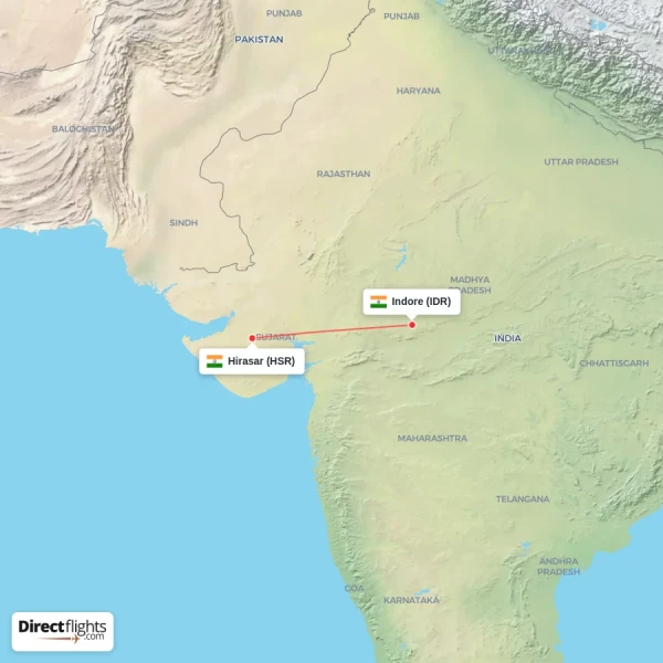 Hirasar - Indore direct flight map