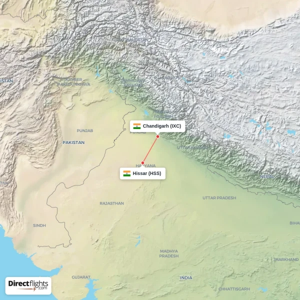 Hissar - Chandigarh direct flight map
