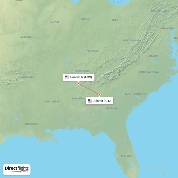 Huntsville - Atlanta direct flight map