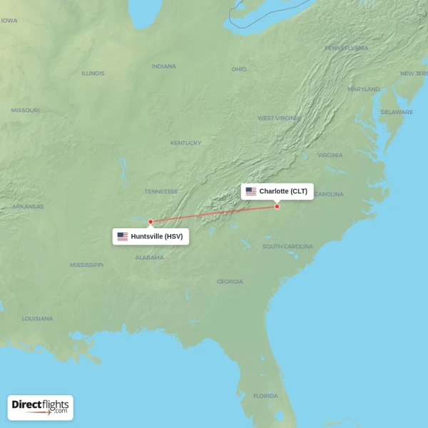 Huntsville - Charlotte direct flight map