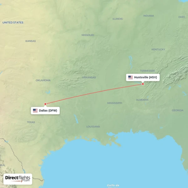 Huntsville - Dallas direct flight map