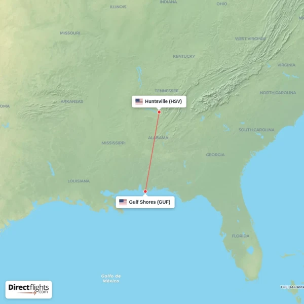 Huntsville - Gulf Shores direct flight map