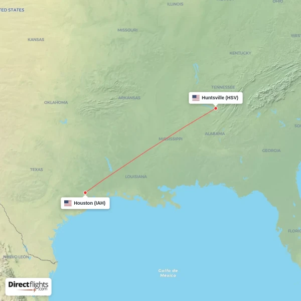 Huntsville - Houston direct flight map
