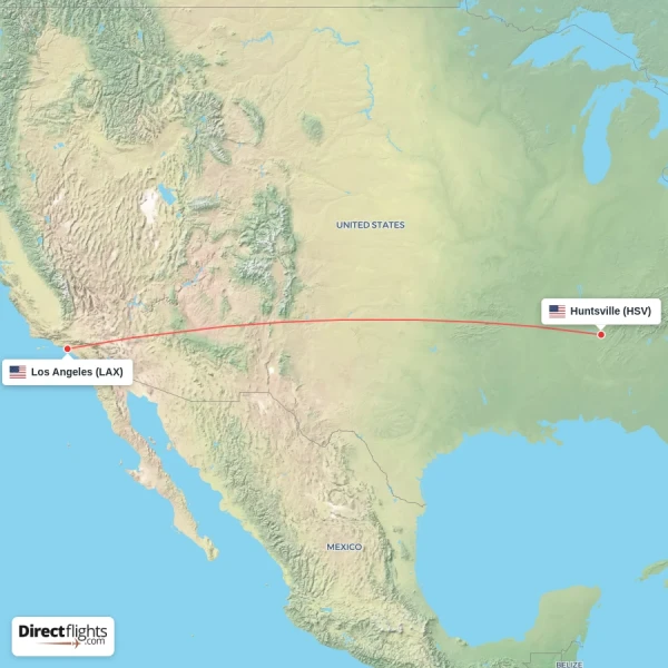 Huntsville - Los Angeles direct flight map