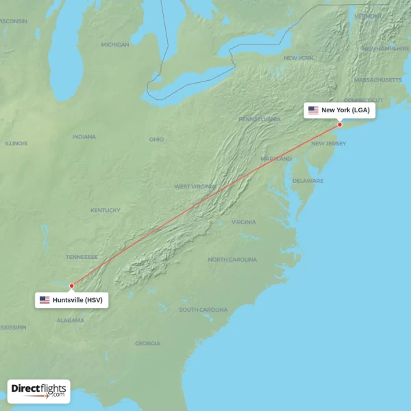 Huntsville - New York direct flight map