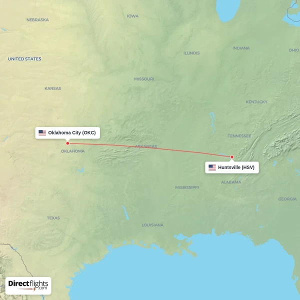 Huntsville - Oklahoma City direct flight map