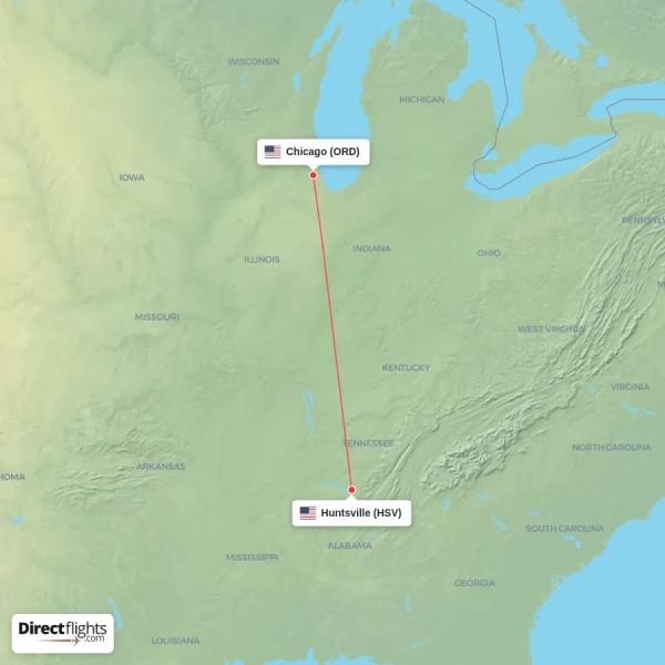 Huntsville - Chicago direct flight map