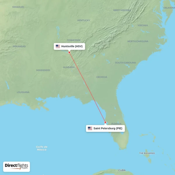 Huntsville - Saint Petersburg direct flight map