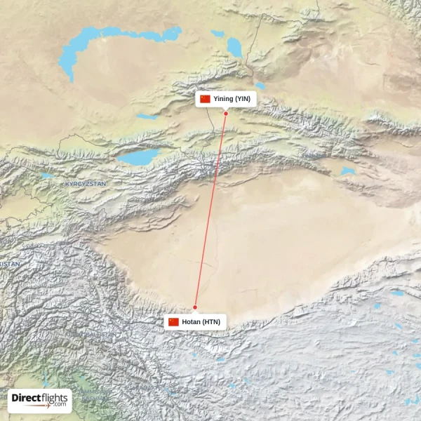 Hotan - Yining direct flight map