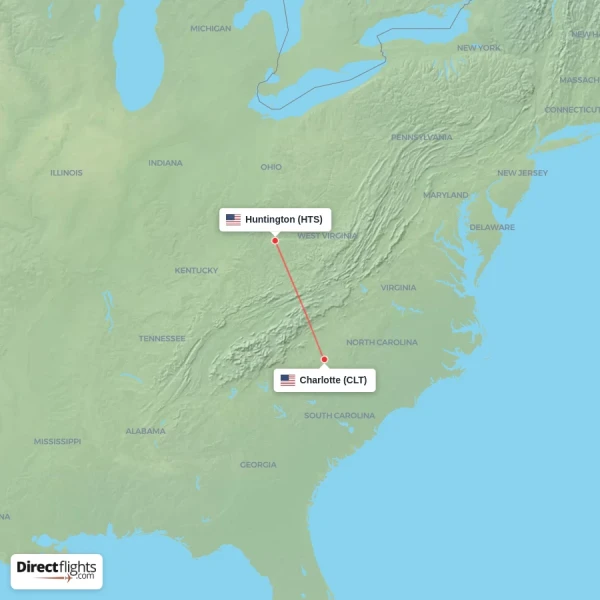 Huntington - Charlotte direct flight map