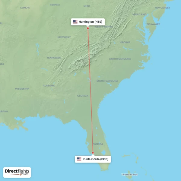 Huntington - Punta Gorda direct flight map