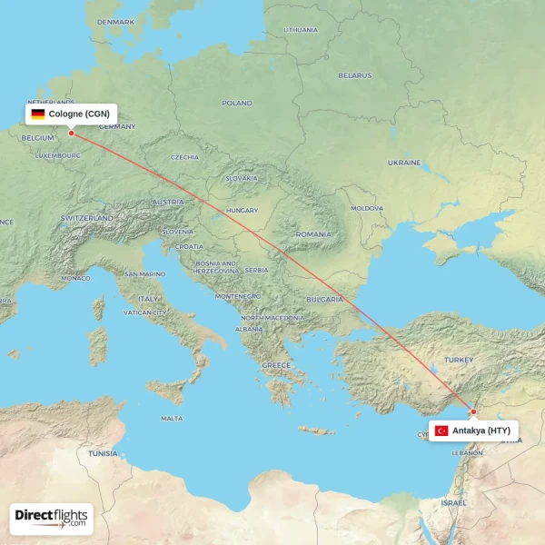 Antakya - Cologne direct flight map