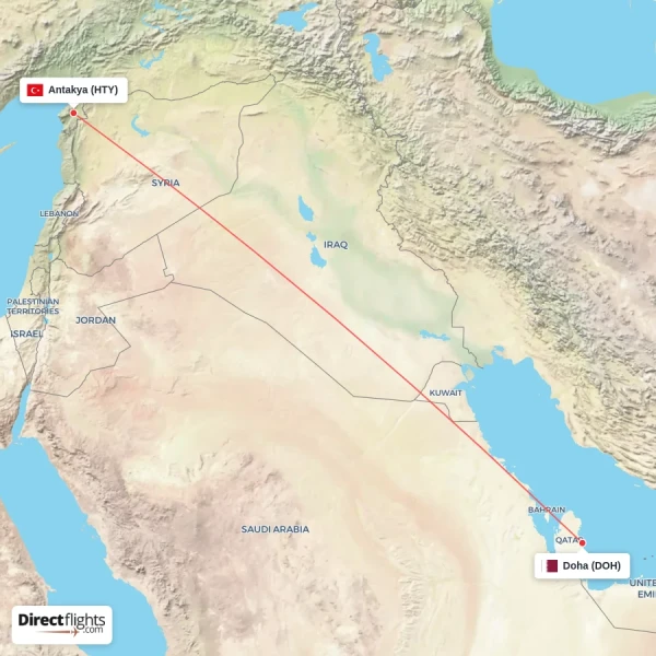 Antakya - Doha direct flight map