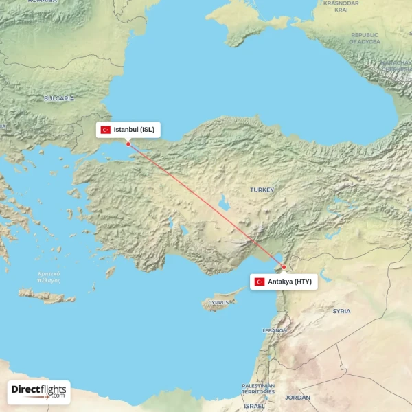 Antakya - Istanbul direct flight map