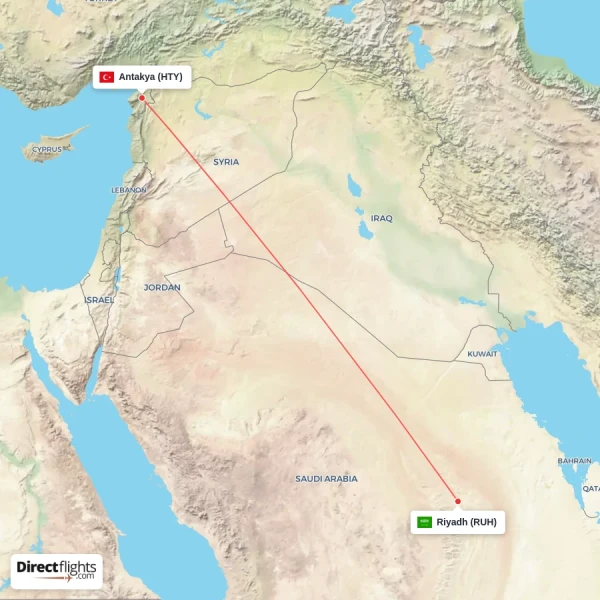 Antakya - Riyadh direct flight map