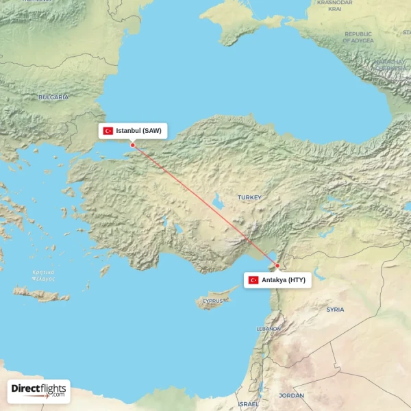 Antakya - Istanbul direct flight map