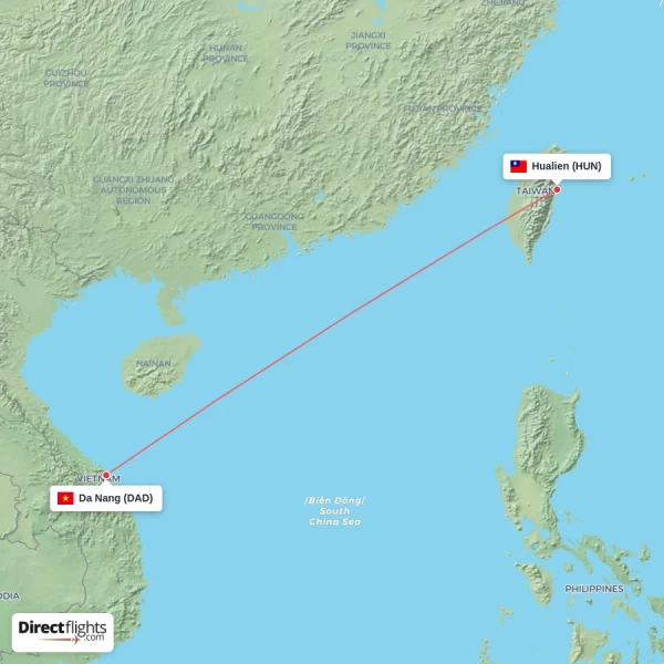 Hualien - Da Nang direct flight map
