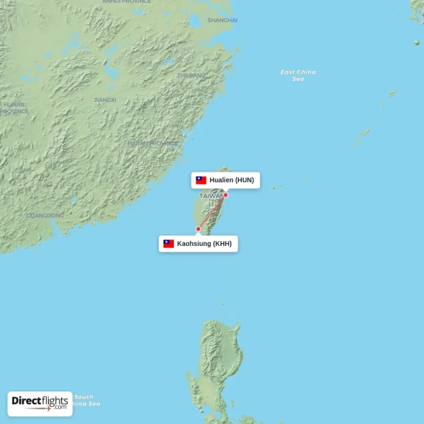 Hualien - Kaohsiung direct flight map