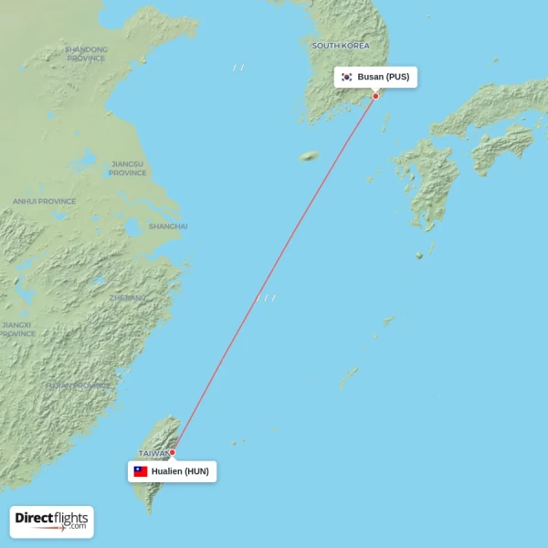 Hualien - Busan direct flight map