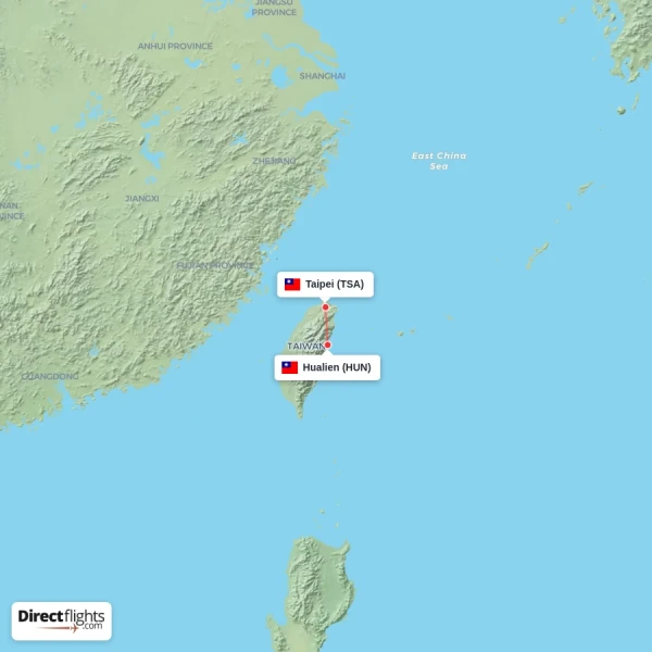 Hualien - Taipei direct flight map