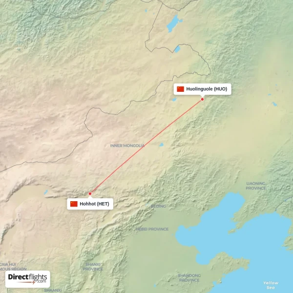 Huolinguole - Hohhot direct flight map