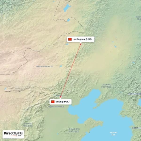 Huolinguole - Beijing direct flight map
