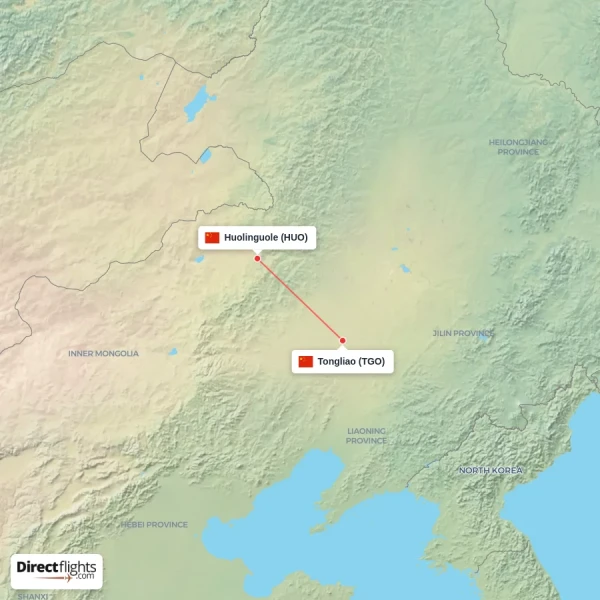 Huolinguole - Tongliao direct flight map