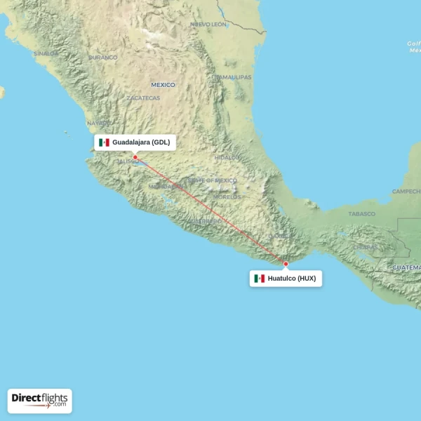 Huatulco - Guadalajara direct flight map