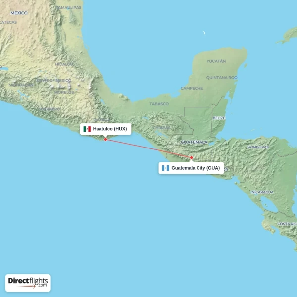 Huatulco - Guatemala City direct flight map