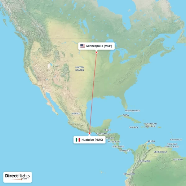 Huatulco - Minneapolis direct flight map