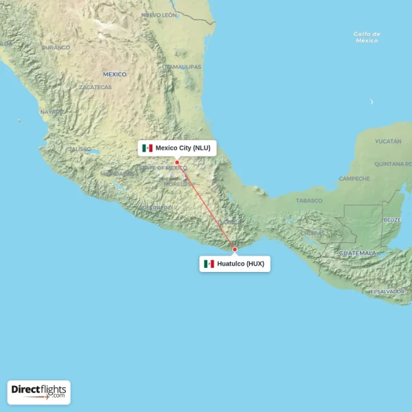 Huatulco - Mexico City direct flight map