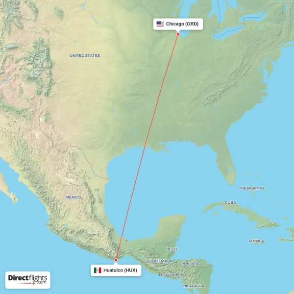 Huatulco - Chicago direct flight map