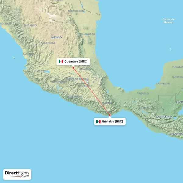 Huatulco - Queretaro direct flight map