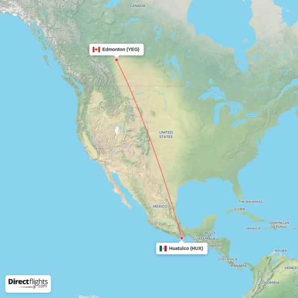 Huatulco - Edmonton direct flight map