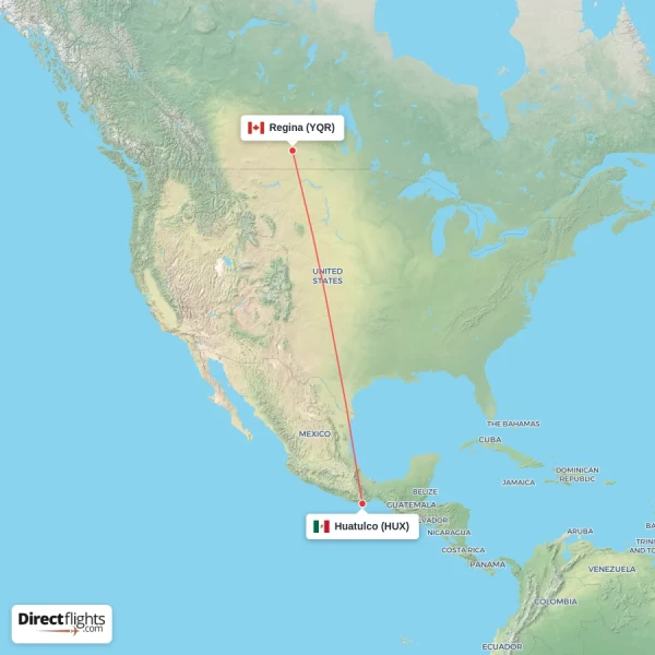 Huatulco - Regina direct flight map