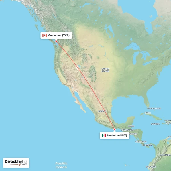 Huatulco - Vancouver direct flight map