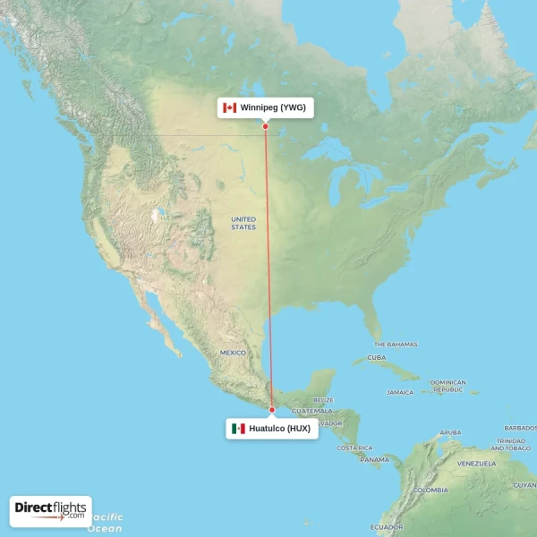Huatulco - Winnipeg direct flight map
