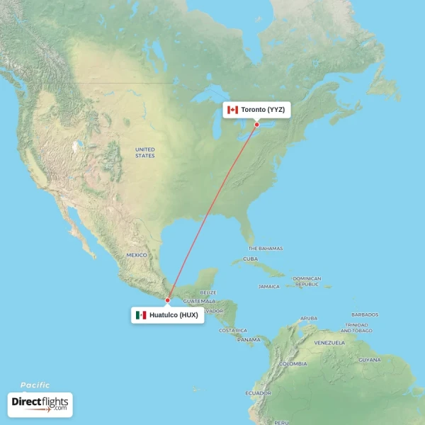Huatulco - Toronto direct flight map