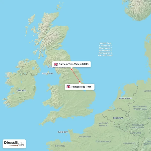 Humberside - Durham Tees Valley direct flight map