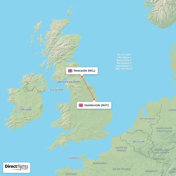 Humberside - Newcastle direct flight map