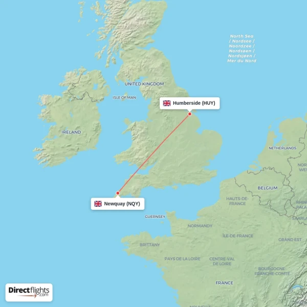 Humberside - Newquay direct flight map