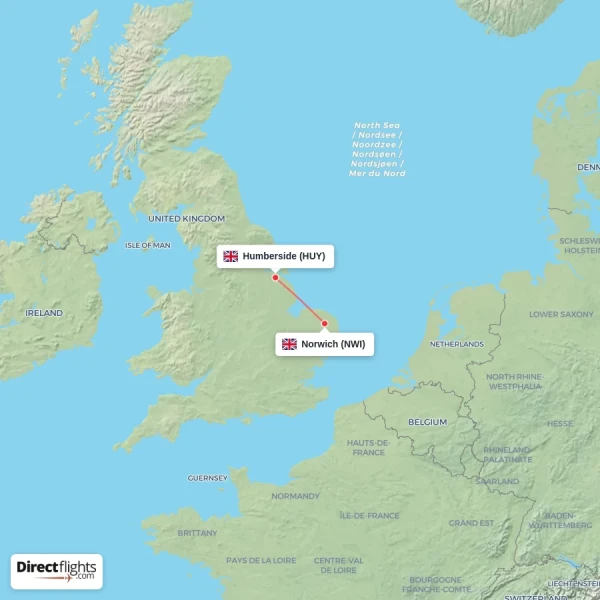 Humberside - Norwich direct flight map