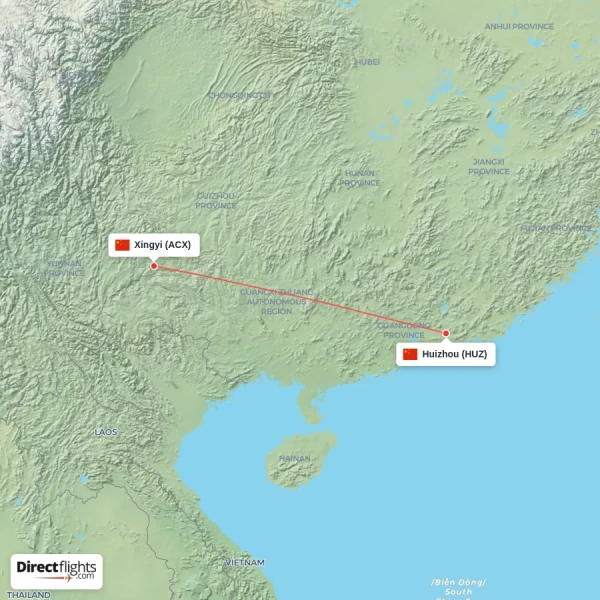 Huizhou - Xingyi direct flight map