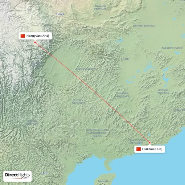 Huizhou - Hongyuan direct flight map