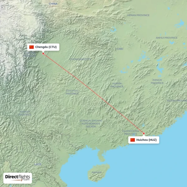 Huizhou - Chengdu direct flight map