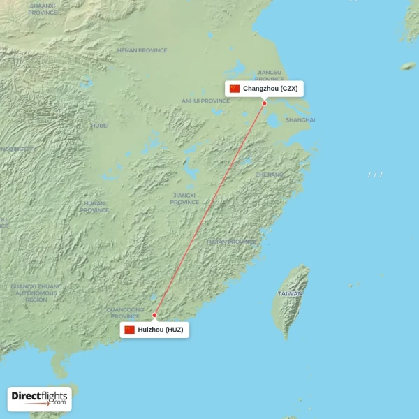 Huizhou - Changzhou direct flight map
