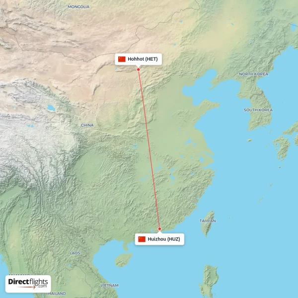 Huizhou - Hohhot direct flight map