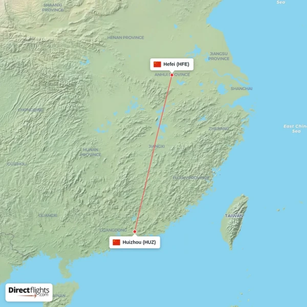 Huizhou - Hefei direct flight map