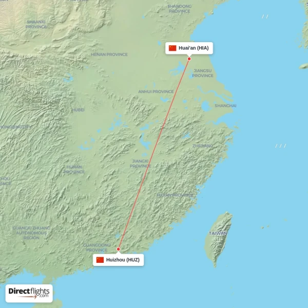 Huizhou - Huai'an direct flight map