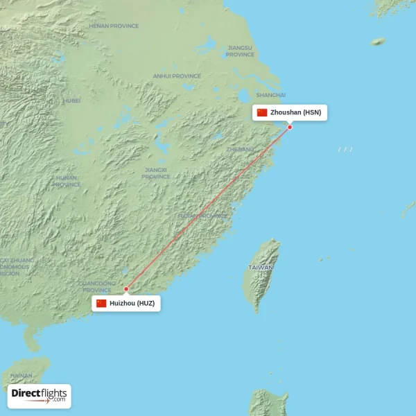 Huizhou - Zhoushan direct flight map
